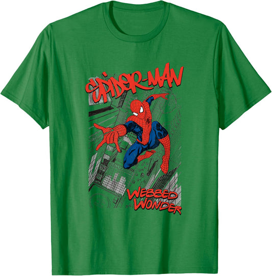 Marvel Spiderman Sketch City White Cartoon Short Sleeve S Adult Spiderman Fans T-Shirt - T-Shirt | Irish Green