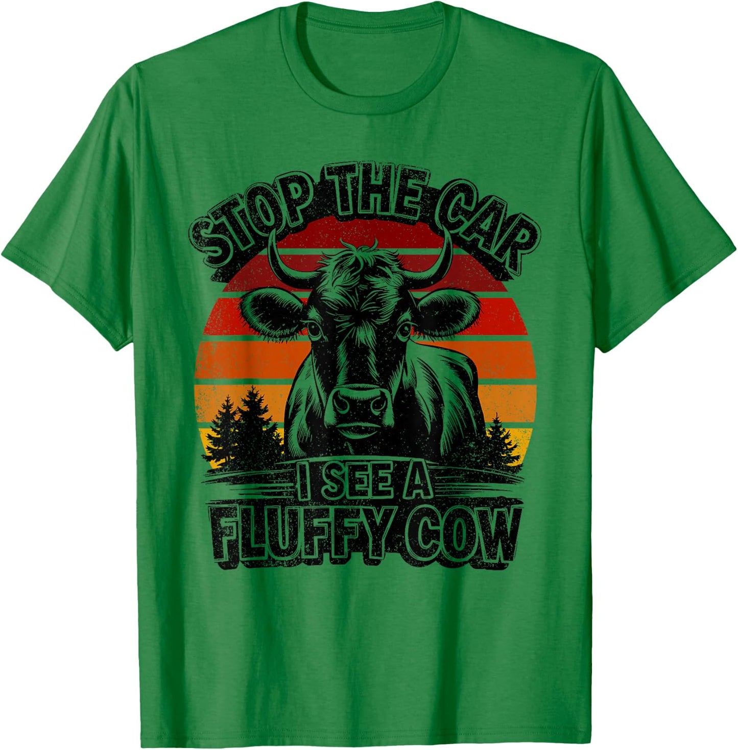 Retro Stop The Car I See A Fluffy Cow Vintage Highland Cow T-Shirt - T-Shirt | Irish Green