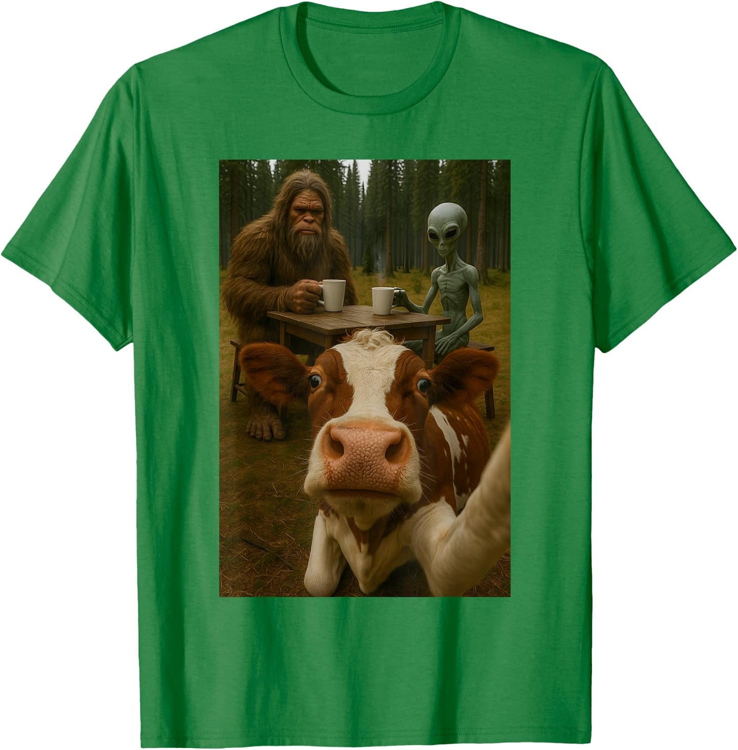 Cow Selfie With Bigfoot Alien T-Shirt - T-Shirt | Irish Green