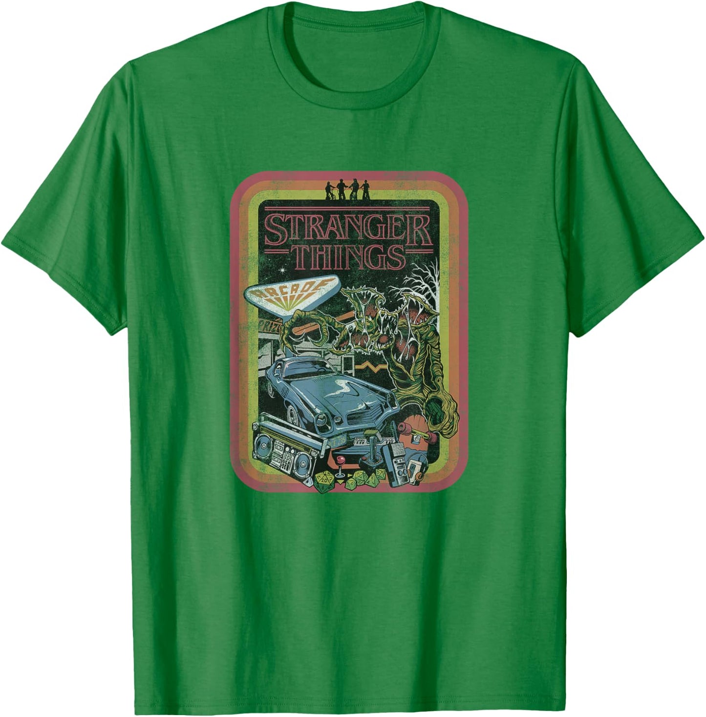 Stranger Things Retro Stripe The Party vs Hawkins Collage T-Shirt - T-Shirt | Irish Green