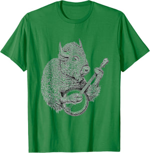 Buffalo Retro Bison Animal playing banjo T-Shirt - T-Shirt | Irish Green