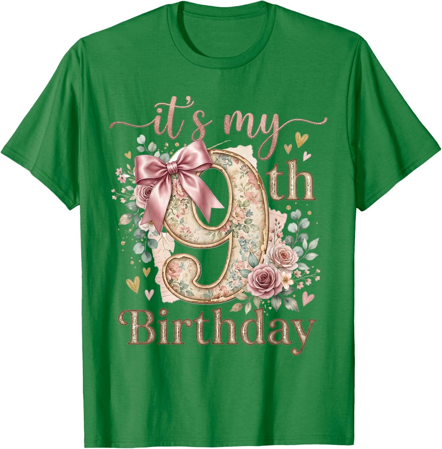 It's My 9th Birthday Girl Coquette Bow Pink 9 Year Old T-Shirt - T-Shirt | Irish Green