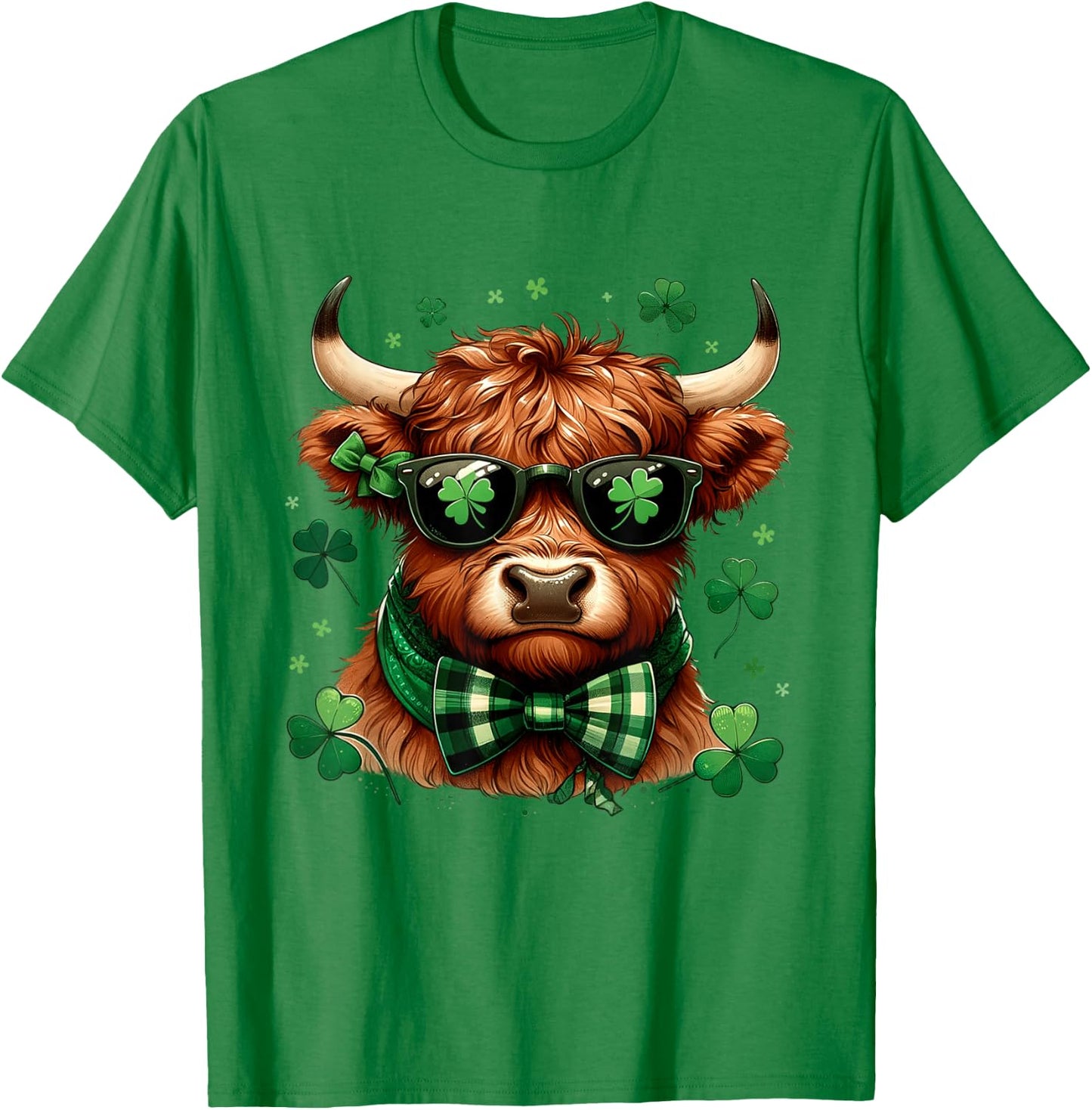 Highland Cow St Patricks Day Lucky Shamrock Men Women Kids T-Shirt - T-Shirt | Irish Green