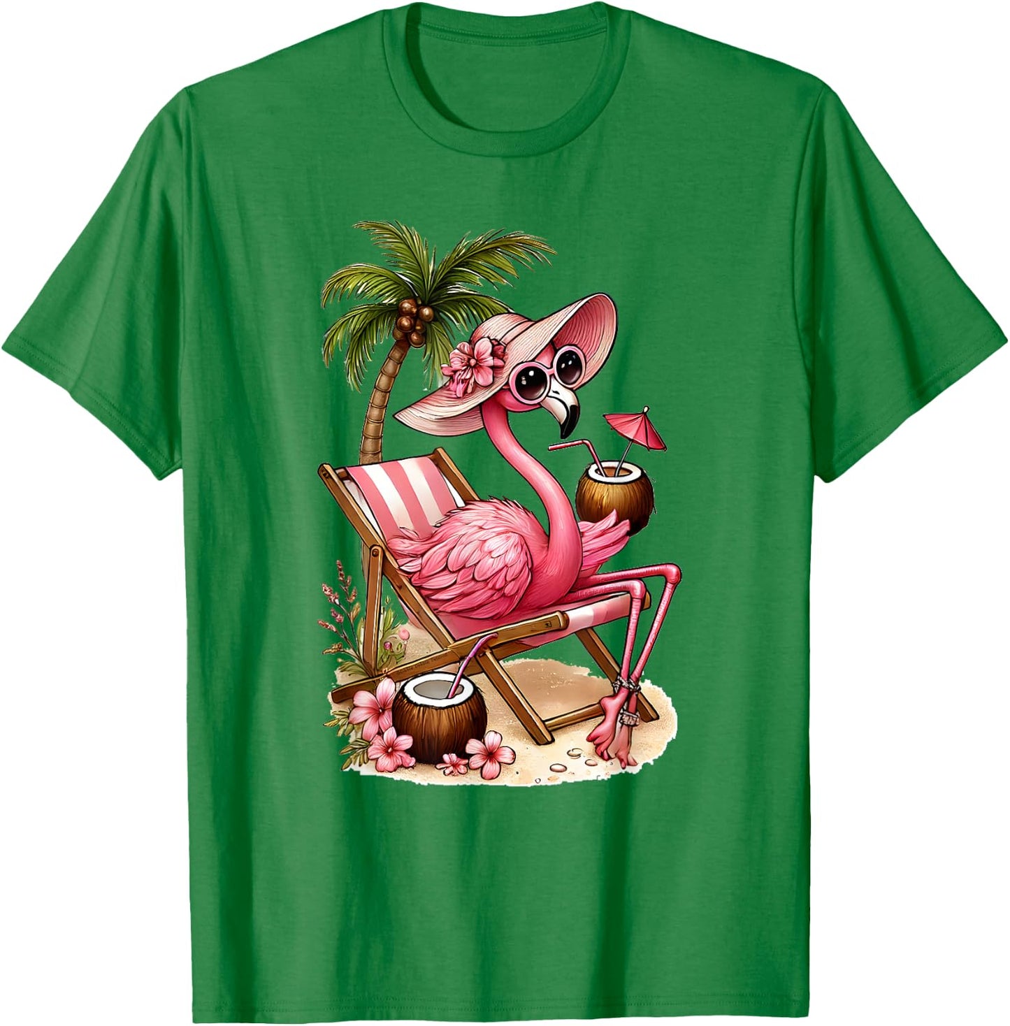 Women's Girls Pink Flamingo Beach Palm Tree Cute Flamingo T-Shirt - T-Shirt | Irish Green