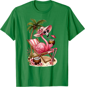 Women's Girls Pink Flamingo Beach Palm Tree Cute Flamingo T-Shirt - T-Shirt | Irish Green