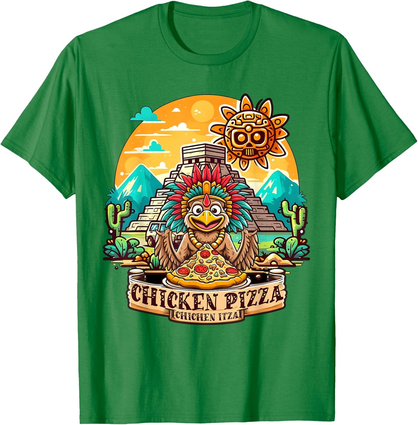Chichen Itza Chicken Pizza Fun: Quirky Mexico Design T-Shirt - T-Shirt | Irish Green