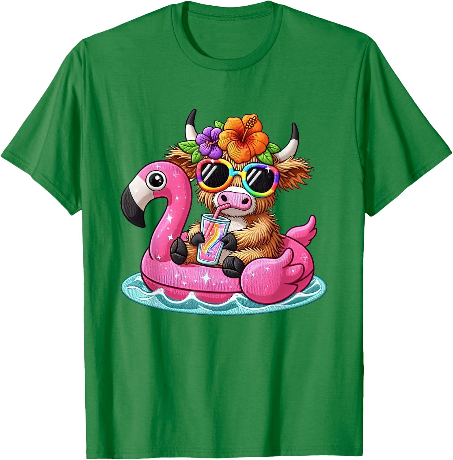 Beach Vibes Sweet Summer Cute Highland Cow Flamingo Float Women Girls Kids T-Shirt - T-Shirt | Irish Green
