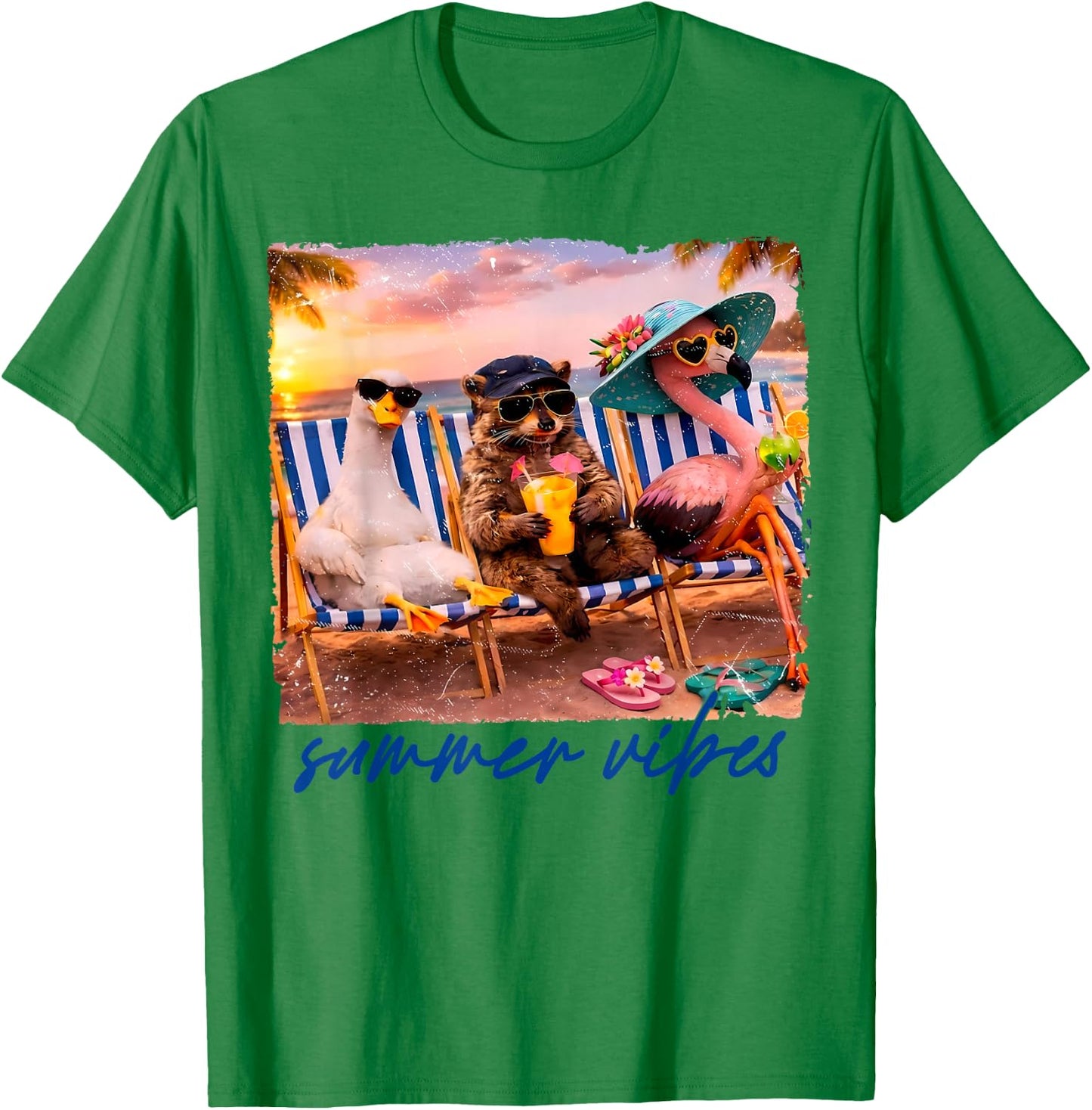 Goose Raccoon Flamingo Summer Vibes Tropical Beach Sunset T-Shirt - T-Shirt | Irish Green