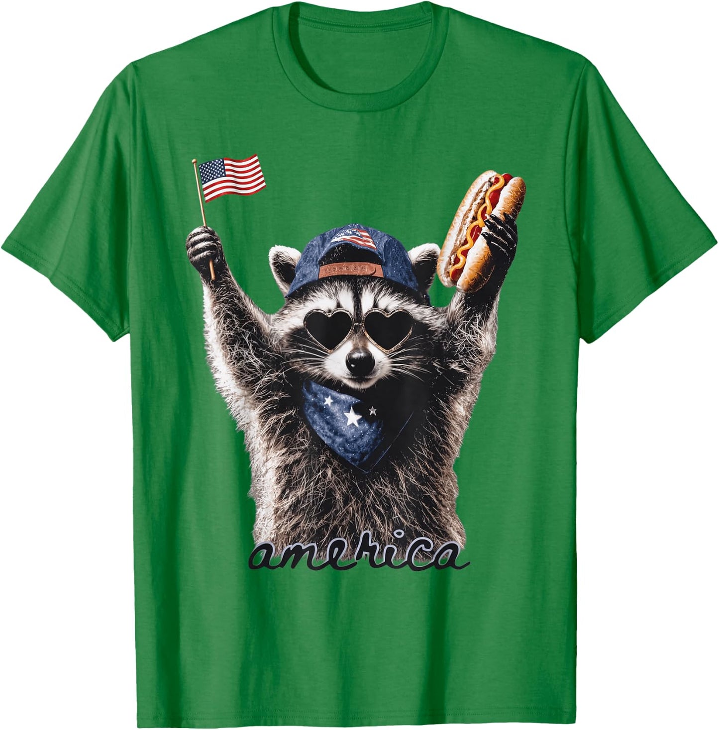 Patriotic Raccoon Flag n Hotdog 4th of July America T-Shirt - T-Shirt | Irish Green