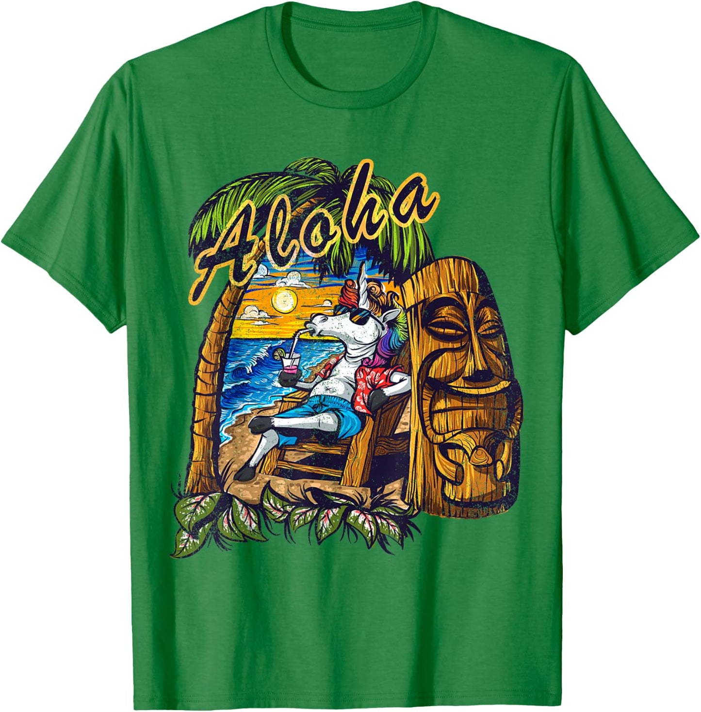 Aloha Hawaii Hawaiian Unicorn Tiki Surf Distressed T-Shirt - T-Shirt | Irish Green