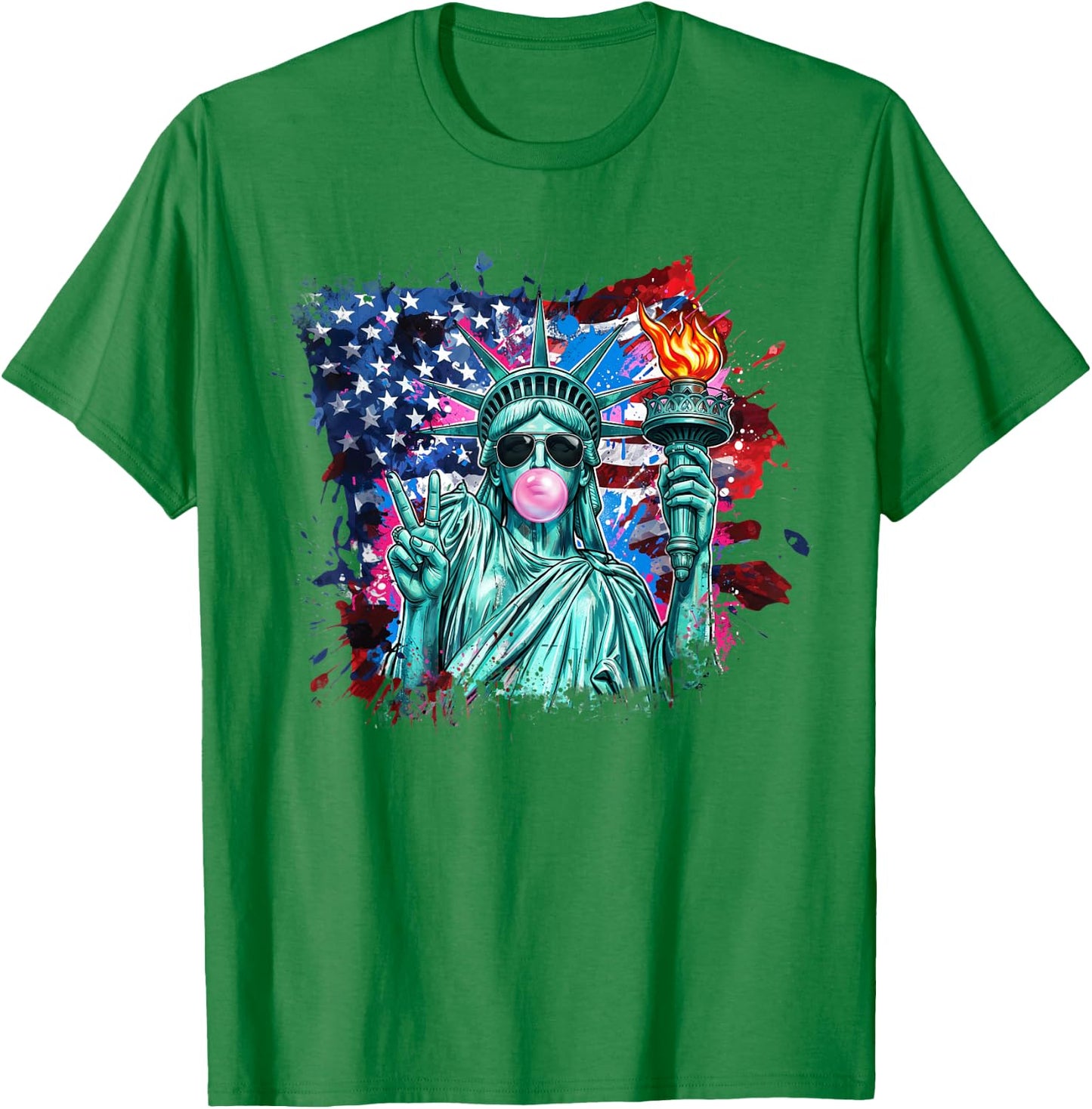 Brushstroke Statue of Liberty Blowing Bubble Gum 4th of July T-Shirt - T-Shirt | Irish Green
