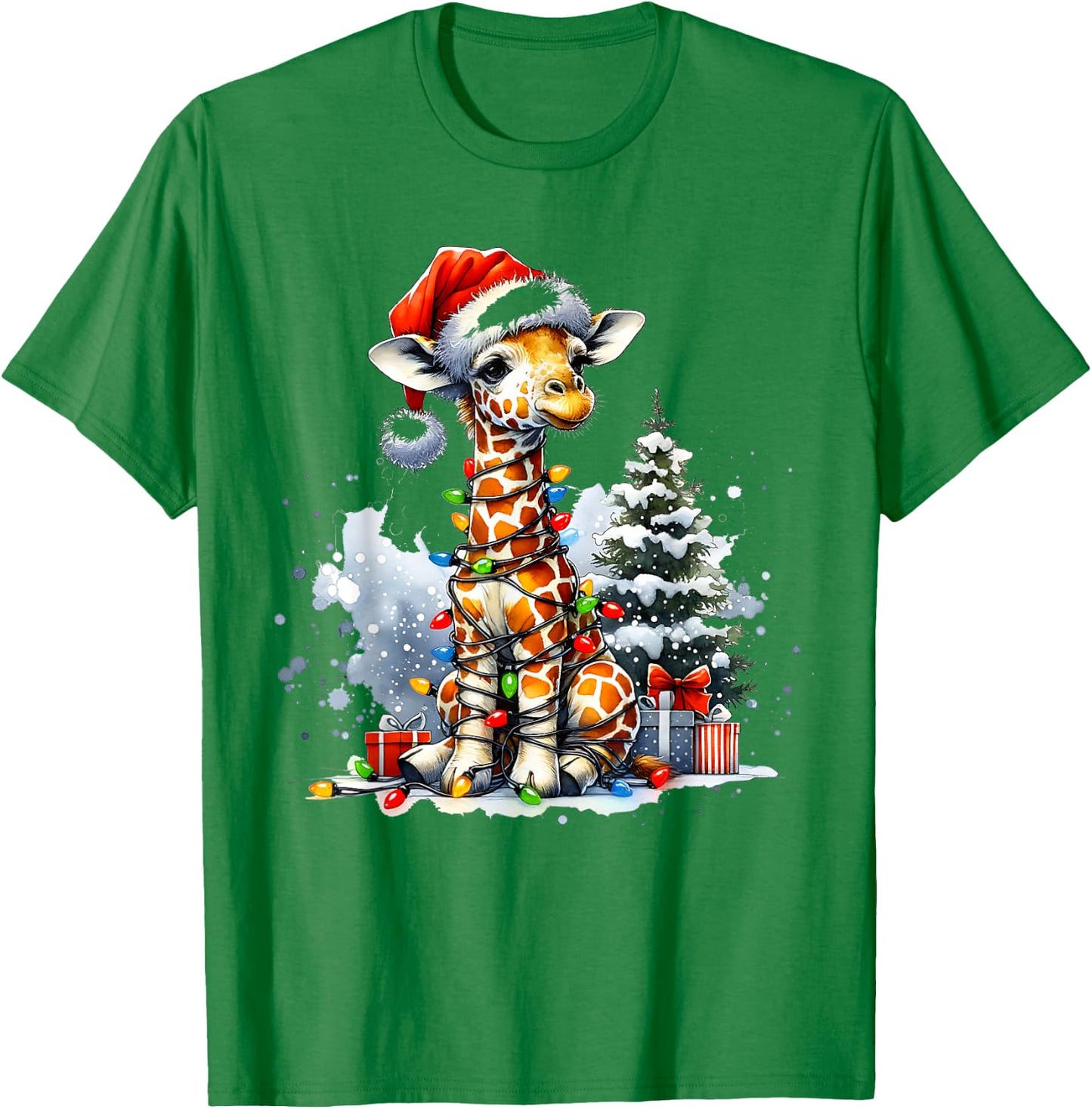 Cute Festive Giraffe Santa Hat Christmas Lights Snow Winter T-Shirt - T-Shirt | Irish Green