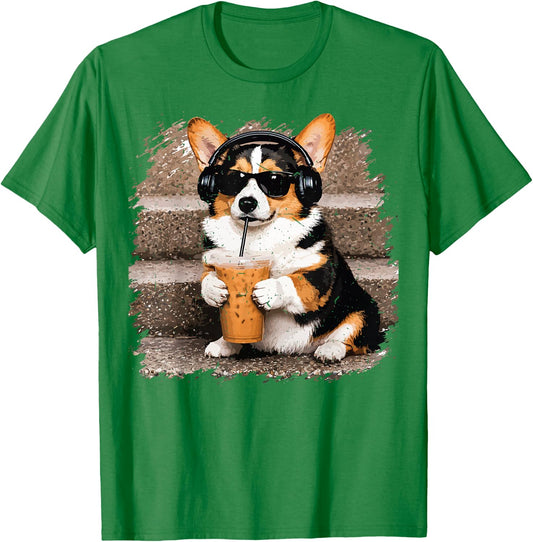Tri Colored Corgi Drinking Iced Coffee Funny Corgi Dad Mom T-Shirt - T-Shirt | Irish Green