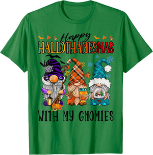 Happy Hallowthanksmas With My Gnomies Funny Cute Gnomes T-Shirt - T-Shirt | Irish Green
