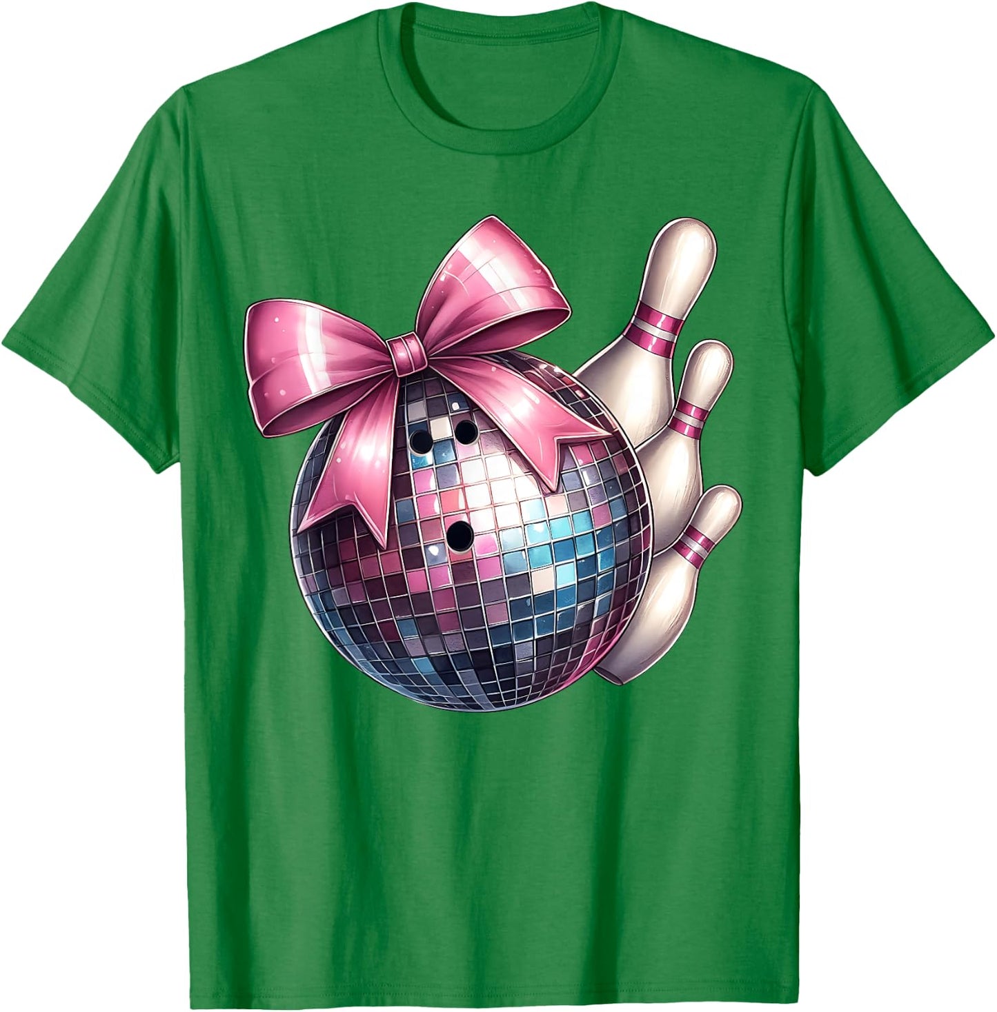 Coquette Bow Bowling Ball Pins Checkered Disco Bowler Mom T-Shirt - T-Shirt | Irish Green