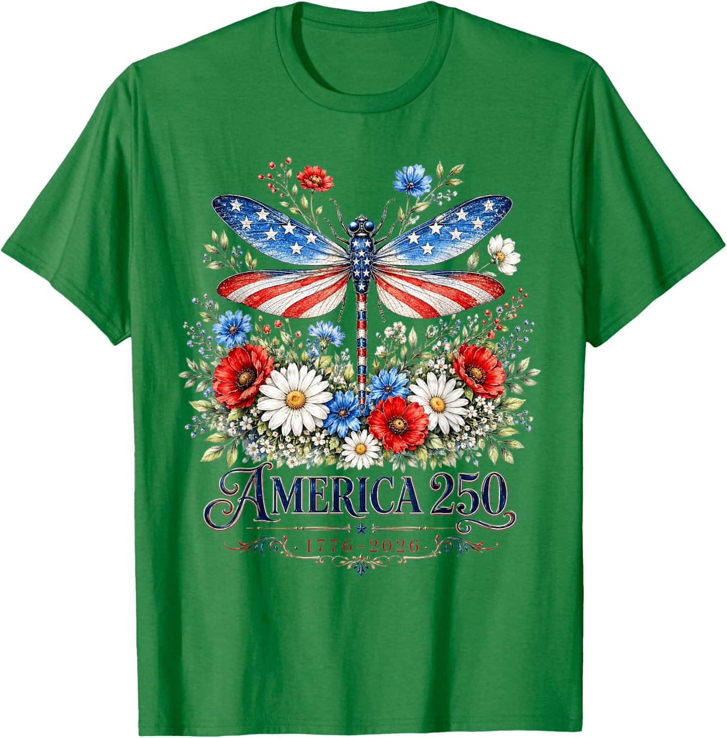 250th Anniversary Dragonfly USA Flag Patriotic 4th of July T-Shirt - T-Shirt | Irish Green