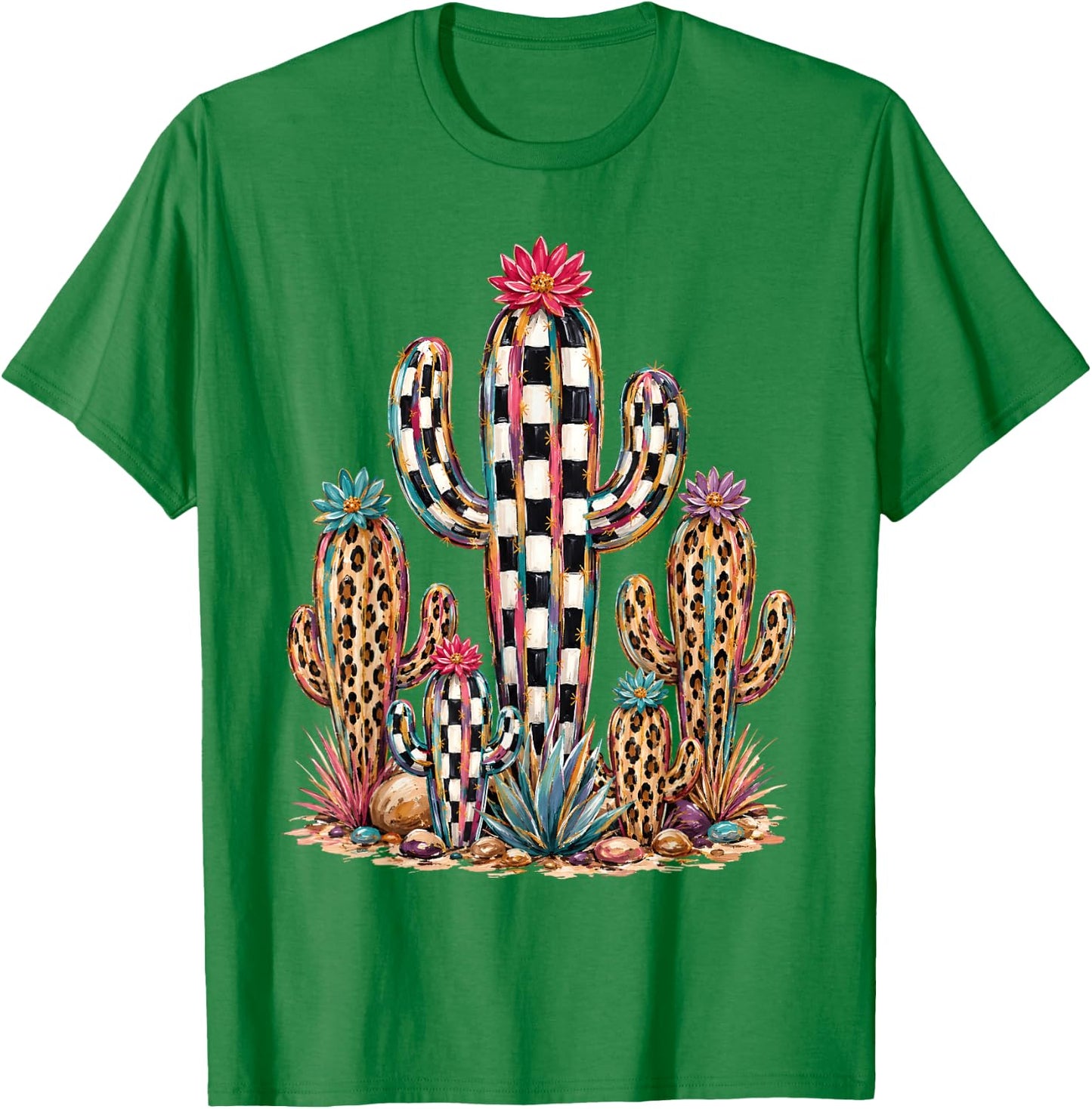 Leopard Checkerboard Cactus Western Desert Graphic T-Shirt - T-Shirt | Irish Green