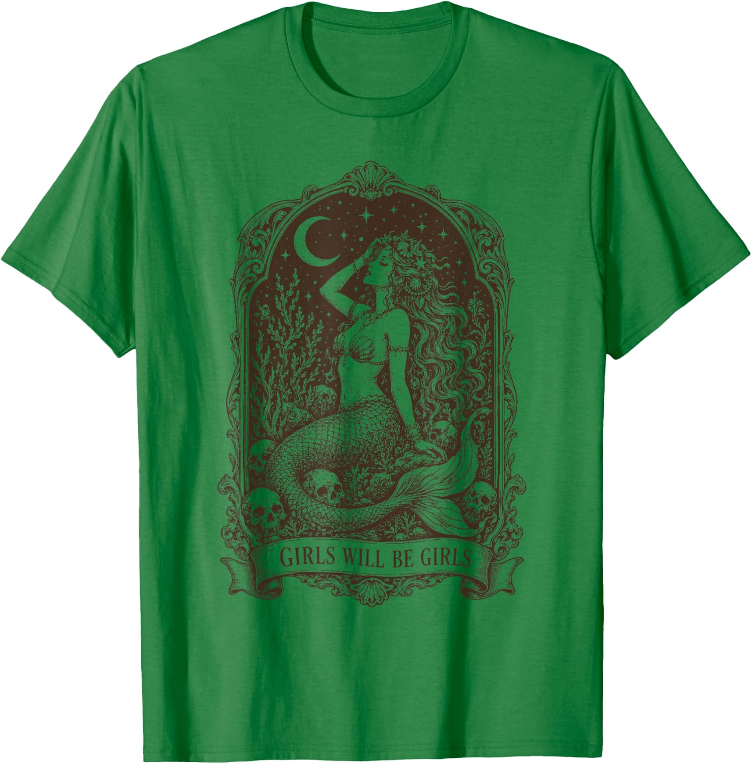 Retro Girls Will Be Girls Mermaid Skull Moon Stars T-Shirt - T-Shirt | Irish Green