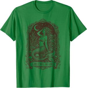 Retro Girls Will Be Girls Mermaid Skull Moon Stars T-Shirt - T-Shirt | Irish Green