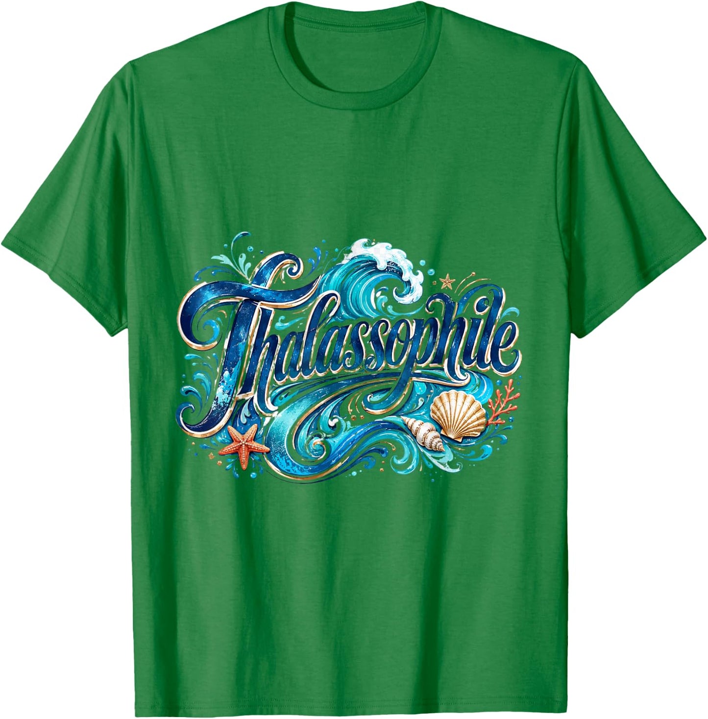Thalassophile Sea Waves and Seashell Art T-Shirt - T-Shirt | Irish Green
