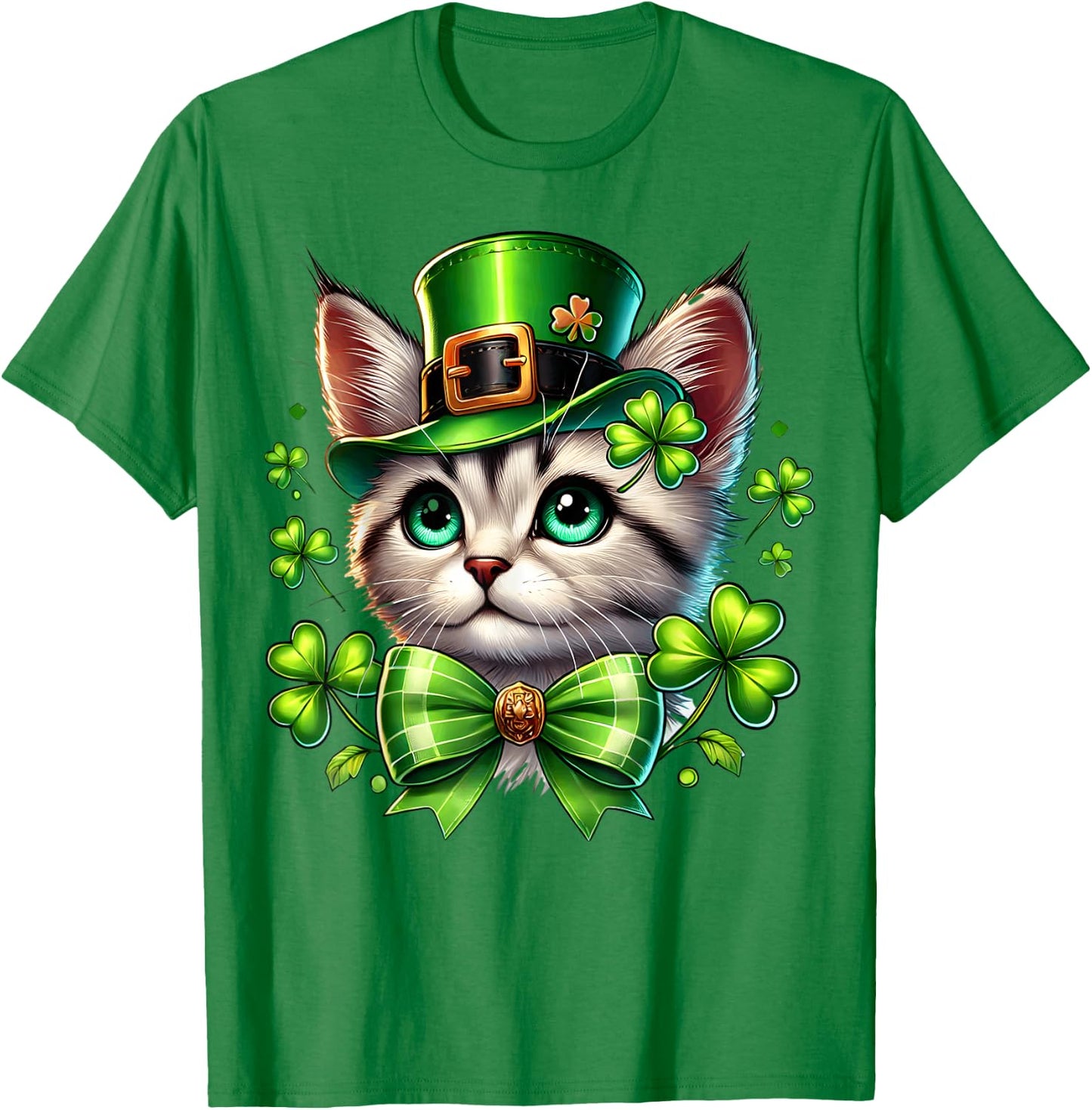 Leprechaun Cat St Patricks Day Coquette Bow Shamrock Graphic T-Shirt - T-Shirt | Irish Green