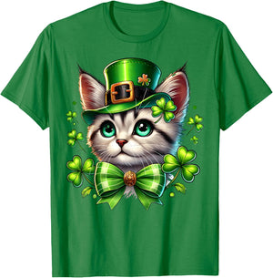 Leprechaun Cat St Patricks Day Coquette Bow Shamrock Graphic T-Shirt - T-Shirt | Irish Green