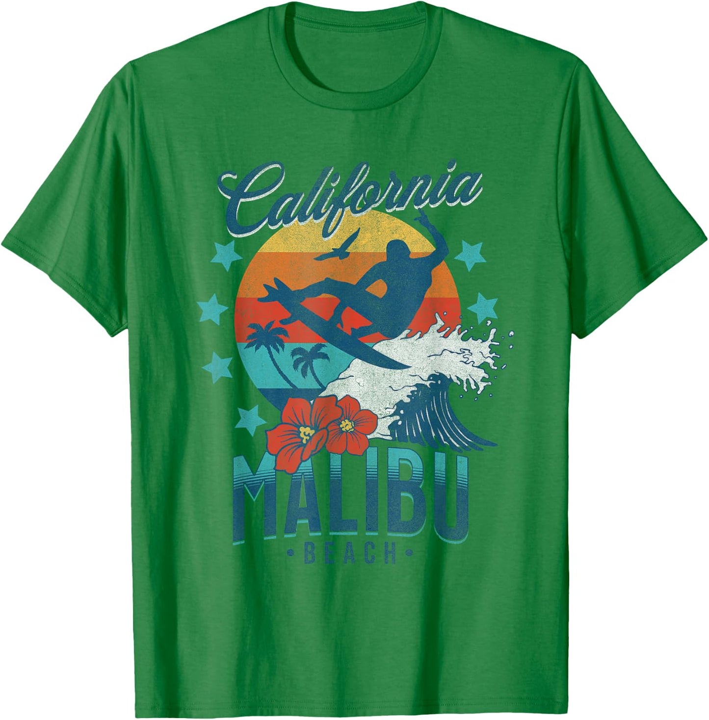 Malibu Beach California Surfing Vintage Vacation Retro Surf T-Shirt - T-Shirt | Irish Green