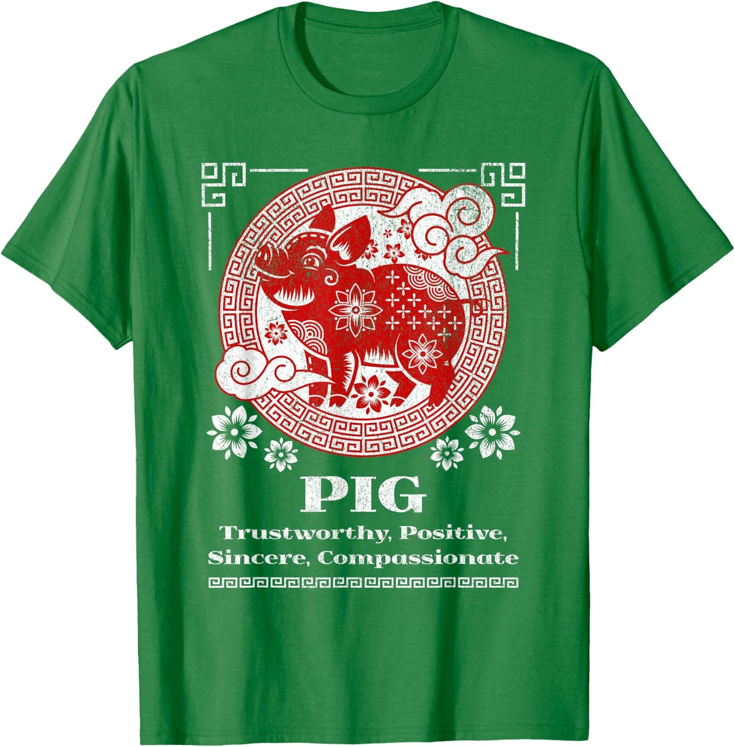 Chinese Zodiac Pig - Red, Small, Short Sleeve, Mandarin Collar, -Adult T-Shirt - T-Shirt | Irish Green