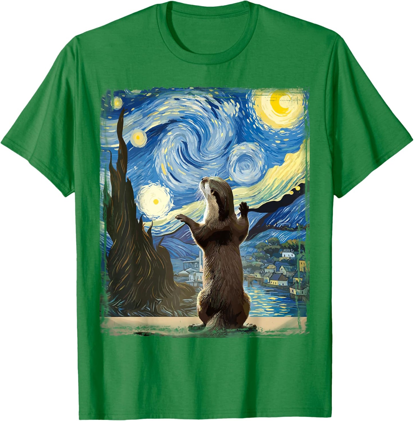 Van Gogh Style Starry Night Otter T-Shirt - T-Shirt | Irish Green