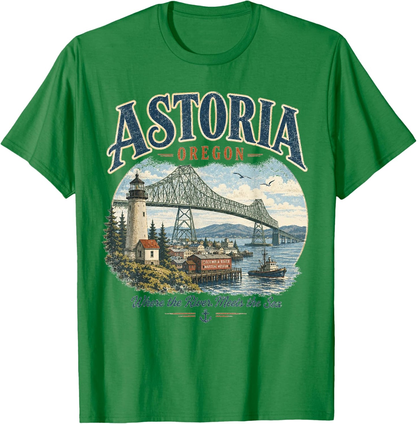 Astoria Oregon- Vintage Columbia River Lighthouse & Bridge T-Shirt - T-Shirt | Irish Green