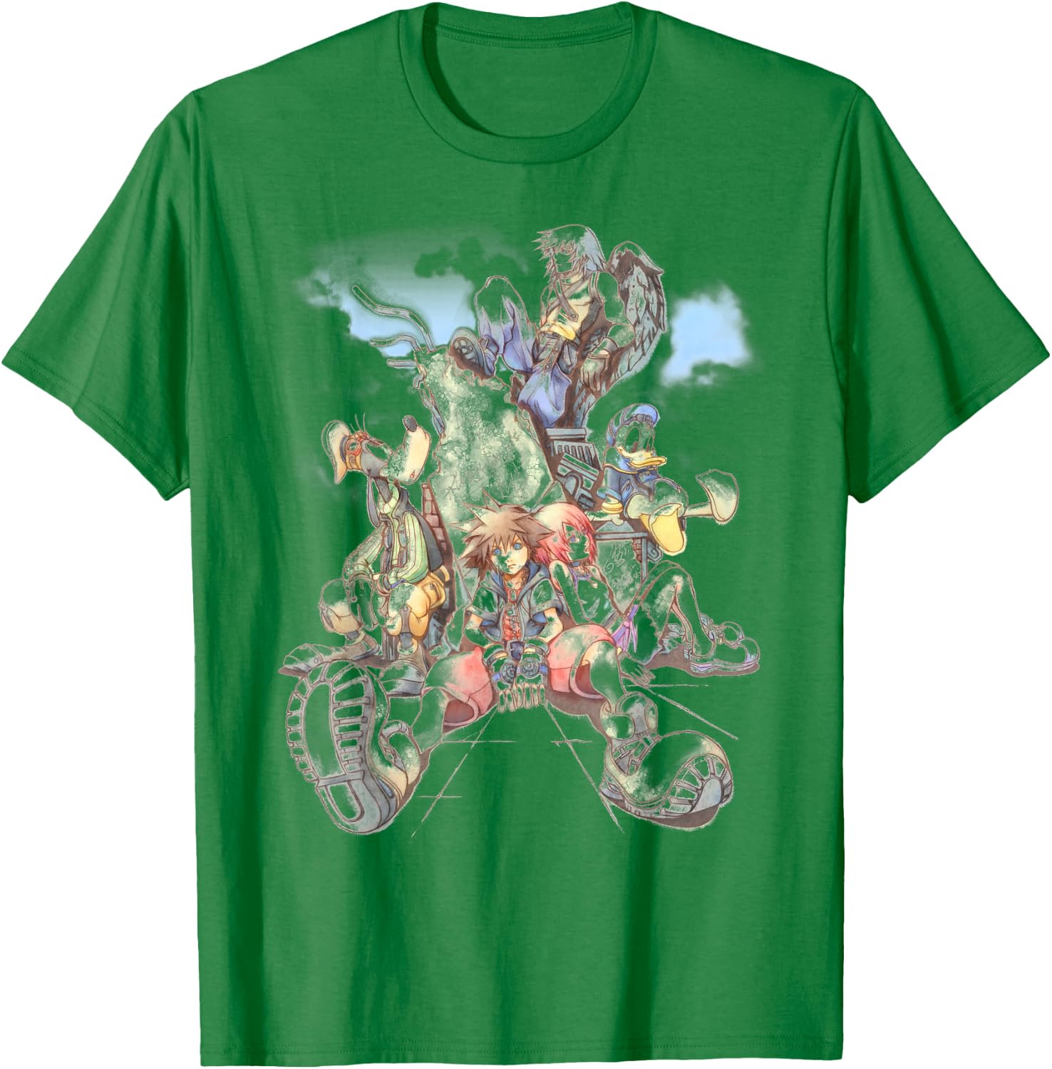 Disney Kingdom Hearts Group Shot Deep Dive Sketch T-Shirt - T-Shirt | Irish Green