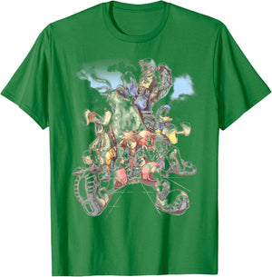 Disney Kingdom Hearts Group Shot Deep Dive Sketch T-Shirt - T-Shirt | Irish Green