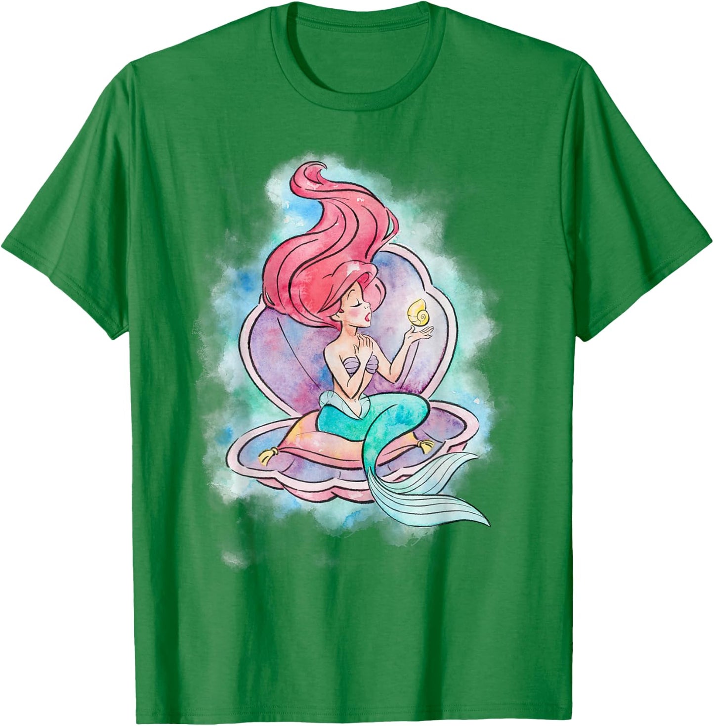 Disney The Little Mermaid Ariel in Shell Watercolor Pose T-Shirt - T-Shirt | Irish Green