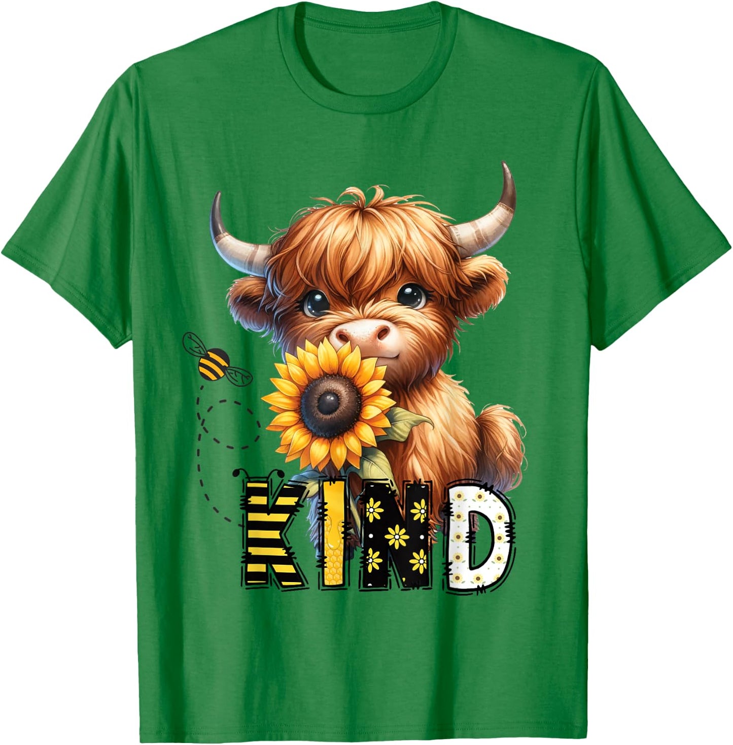 Be Kind Adorable Highland Cow Sunflower Affirmation Kindness , white, S T-Shirt - T-Shirt | Irish Green