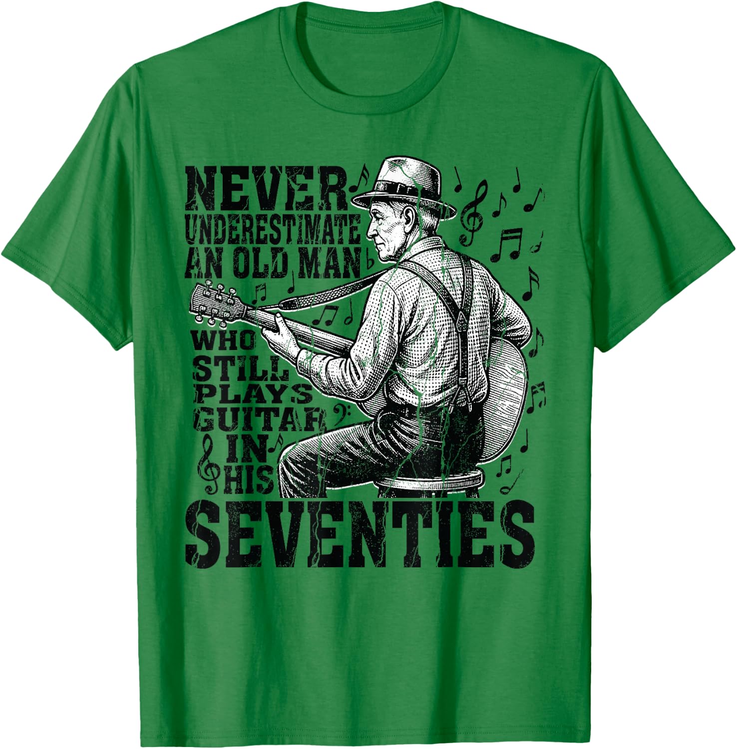 Never Underestimate Old Man Plays Guitar Seventies Guitarist T-Shirt - T-Shirt | Irish Green
