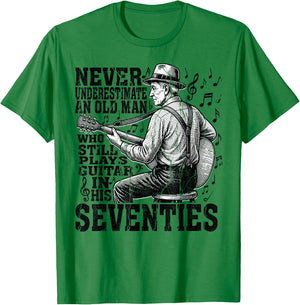 Never Underestimate Old Man Plays Guitar Seventies Guitarist T-Shirt - T-Shirt | Irish Green