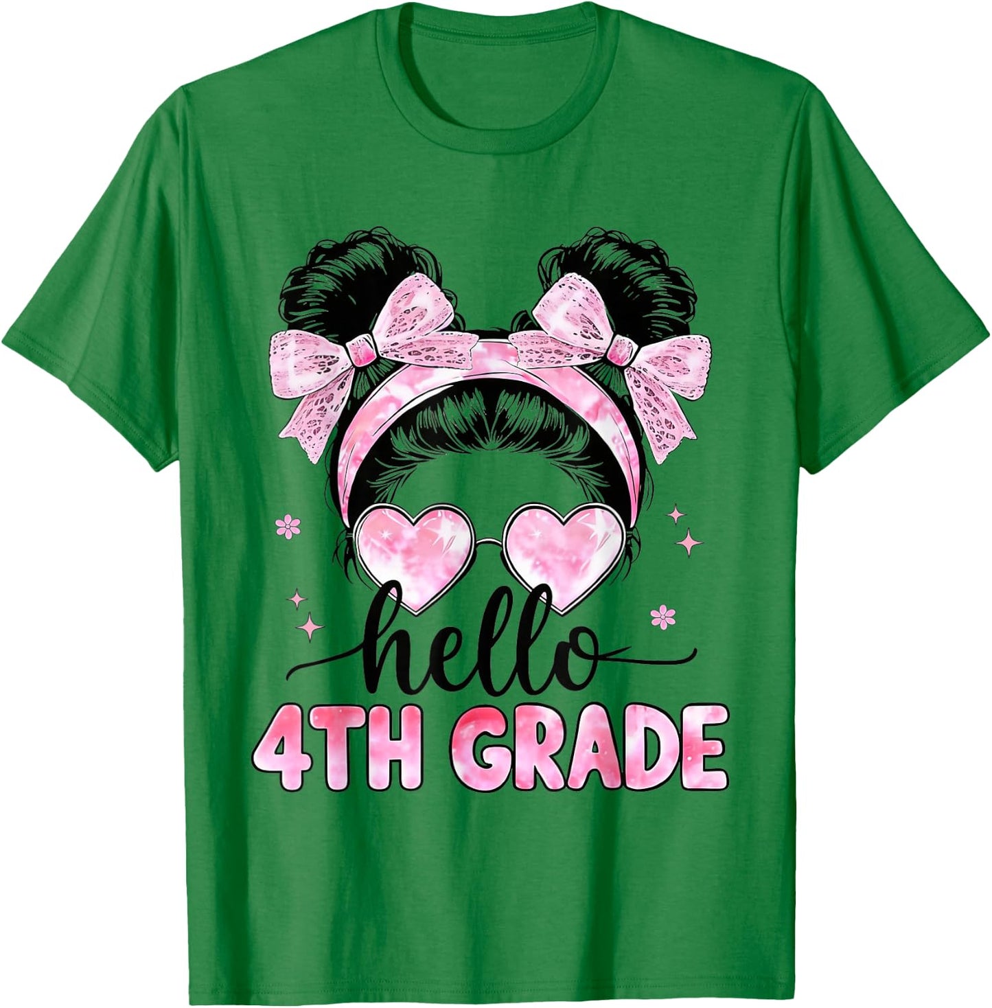 Hello 4th Grade Messy Bun Coquette Back to School Girls T-Shirt - T-Shirt | Irish Green