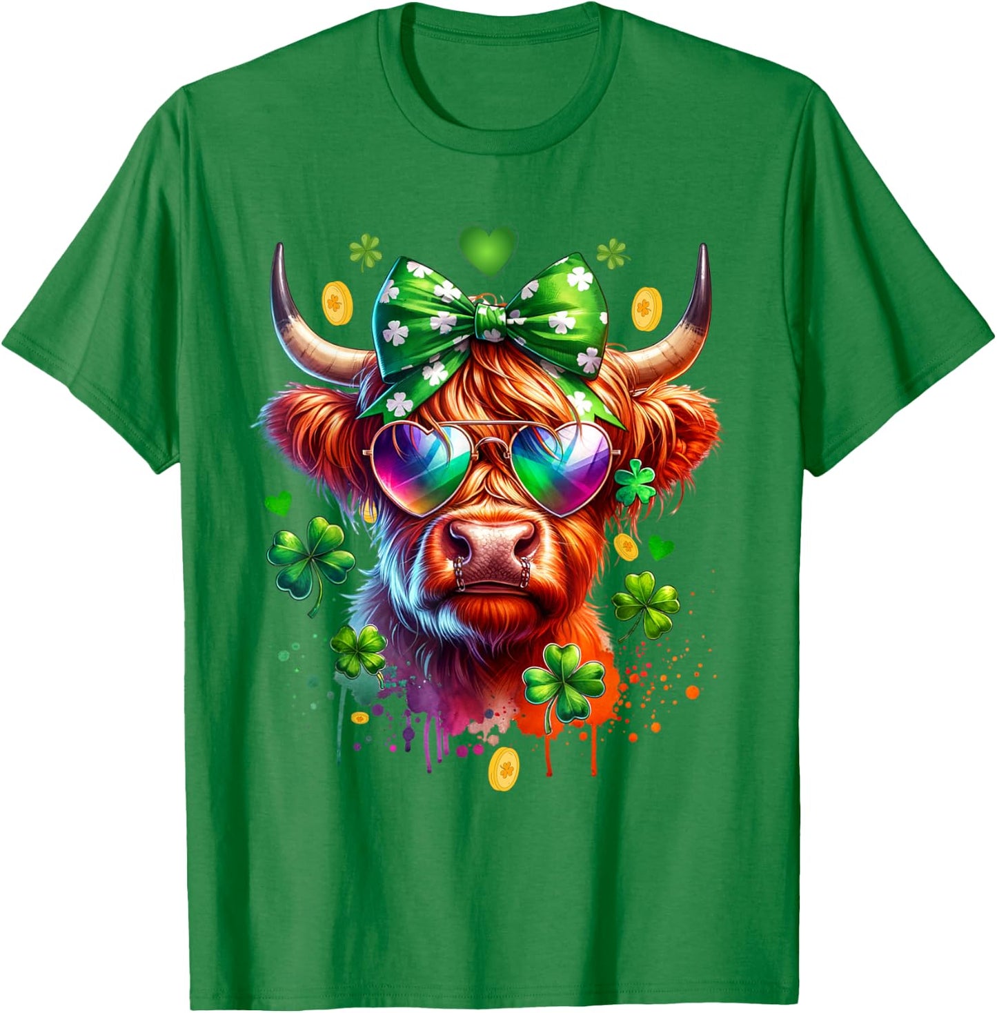 Cute Highland Cow With Sunglasses St Patricks Day Funny T-Shirt - T-Shirt | Irish Green