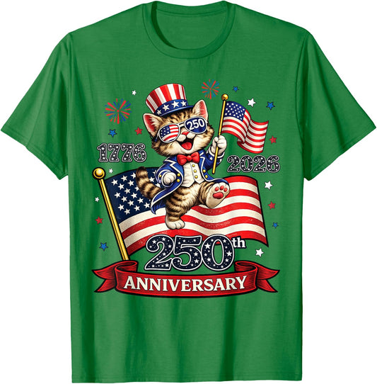 250 Anniversary USA Patriotic Cat 4th of July 2026 T-Shirt - T-Shirt | Irish Green