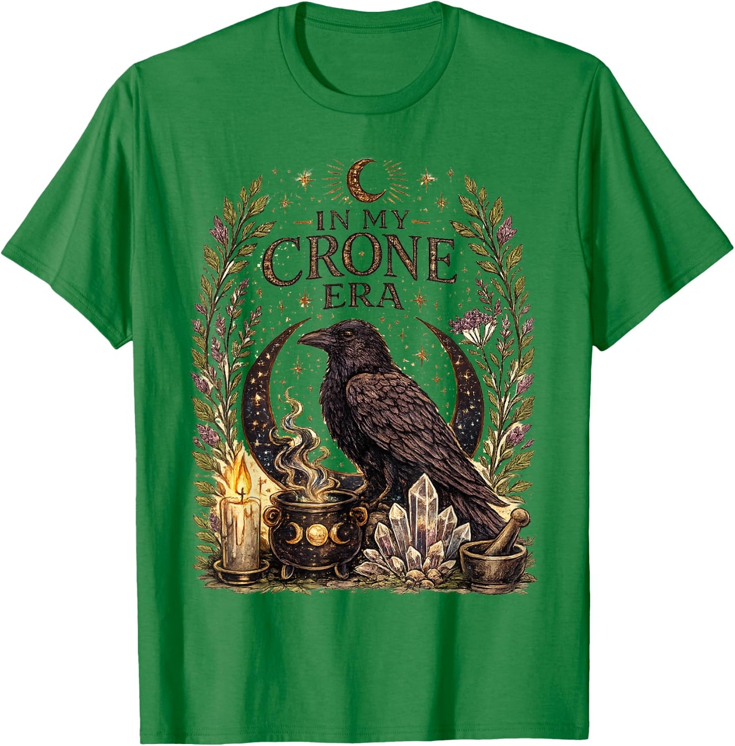 in My Crone Era Witchy Raven Cauldron Goth Witch T-Shirt - T-Shirt | Irish Green