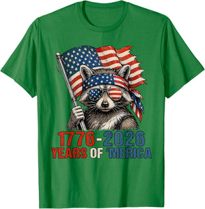 1776 2026 Years of Merica Patriotic Raccoon 4th of July T-Shirt - T-Shirt | Irish Green