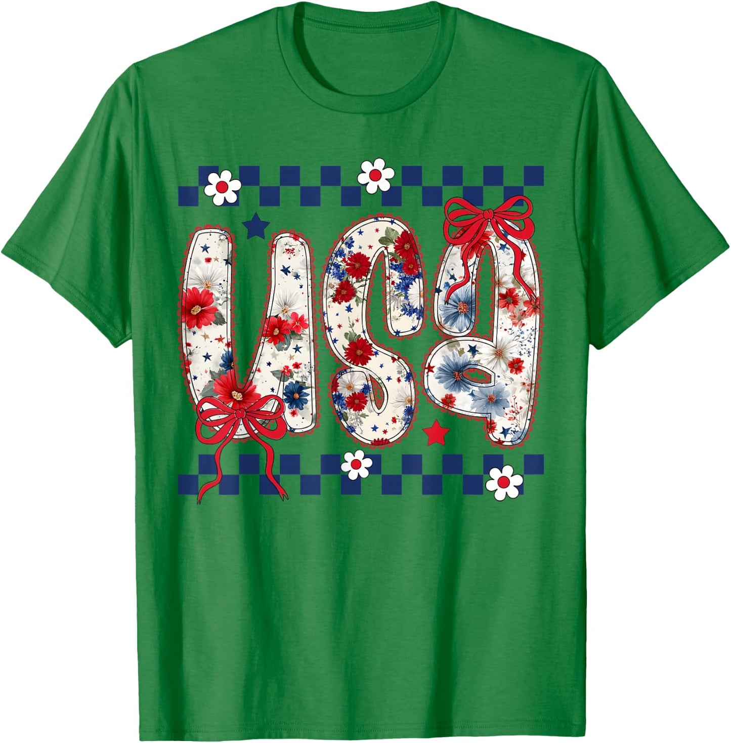 Cute USA Bow Floral Coquette 4th of July Girls T-Shirt - T-Shirt | Irish Green
