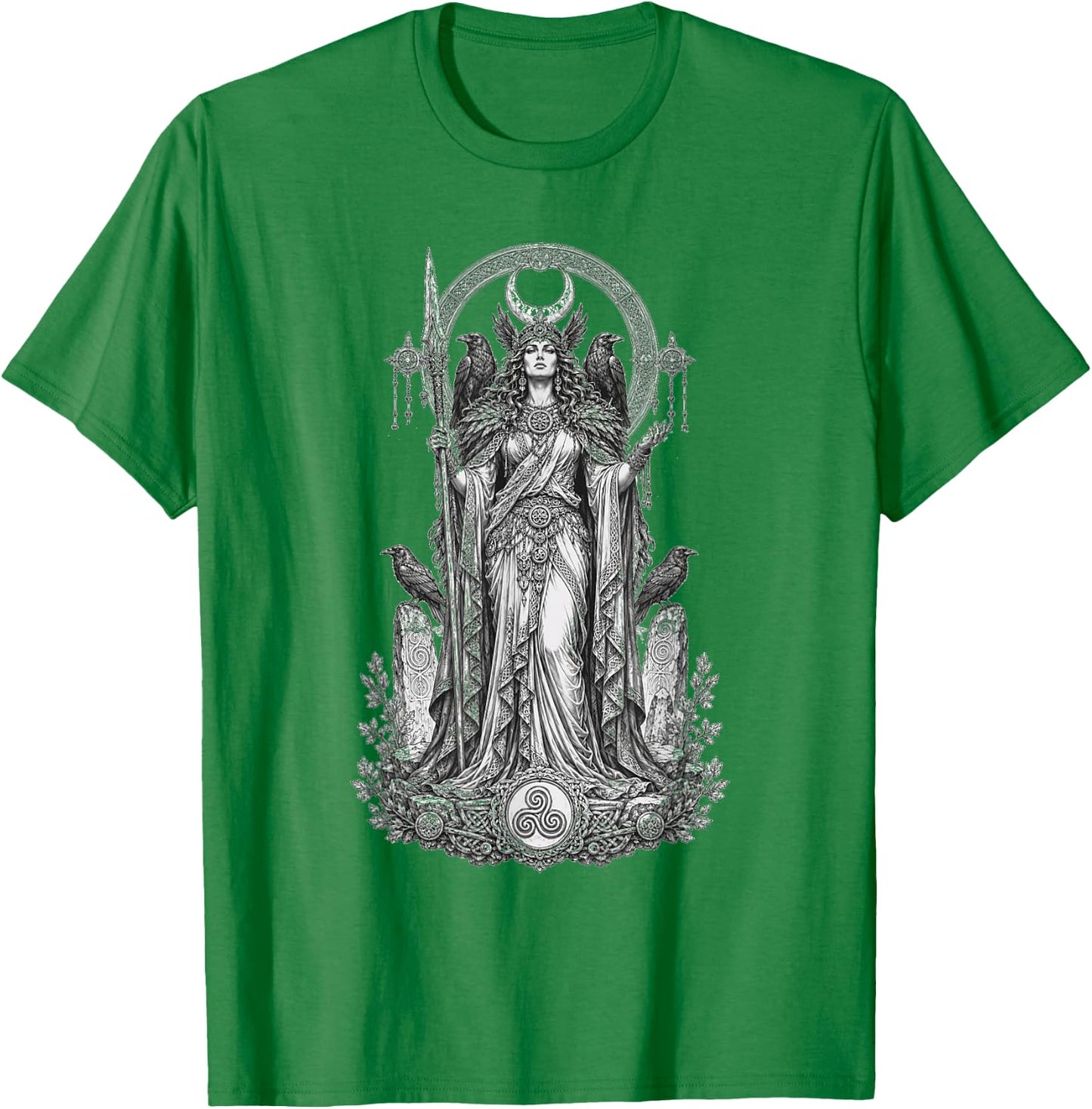 Morrigan Celtic Raven Goddess Sacred Warrior Line Art T-Shirt - T-Shirt | Irish Green