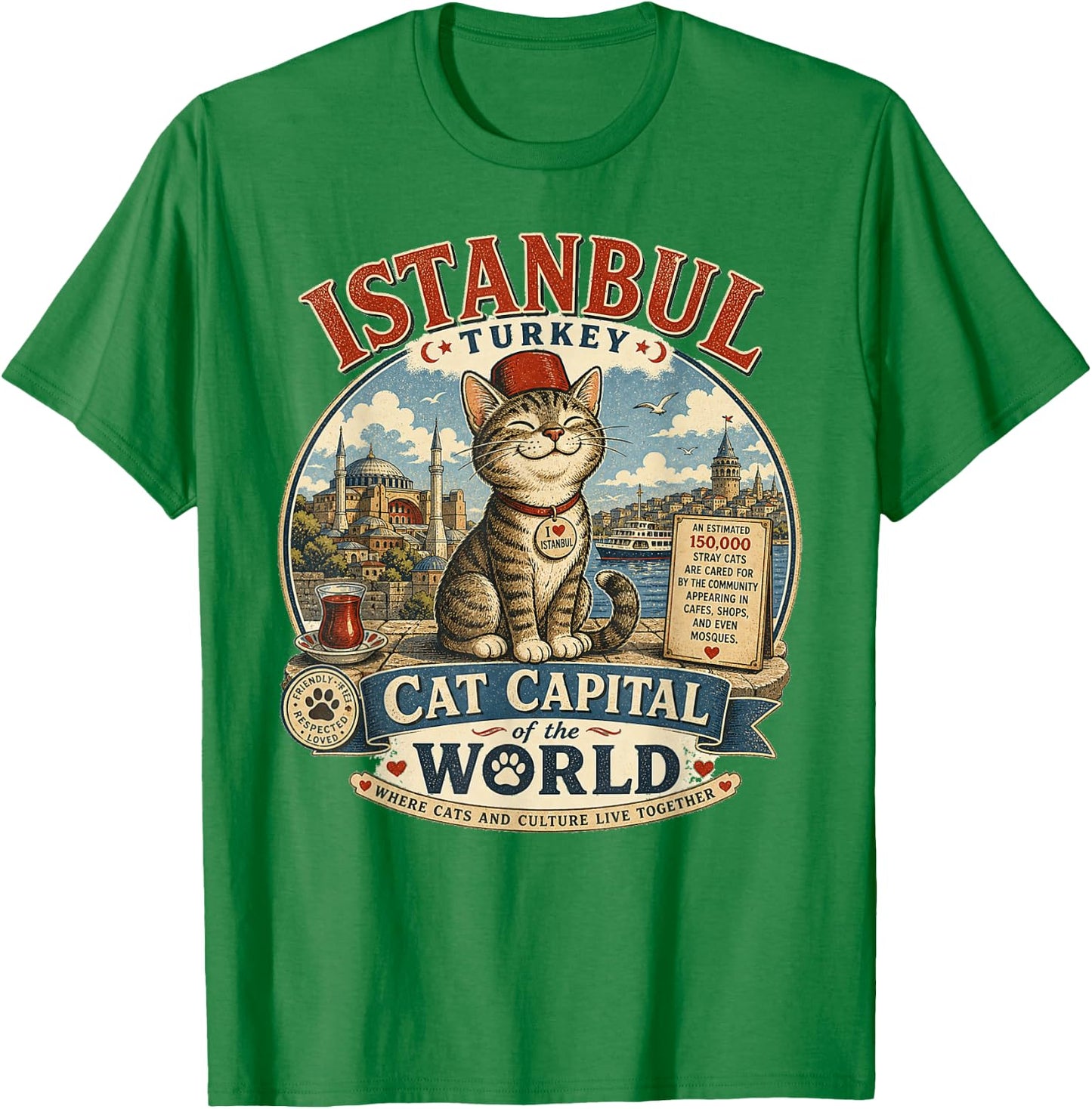 Istanbul, Turkey - Cat Capital - Vintage Logo Graphic T-Shirt - T-Shirt | Irish Green