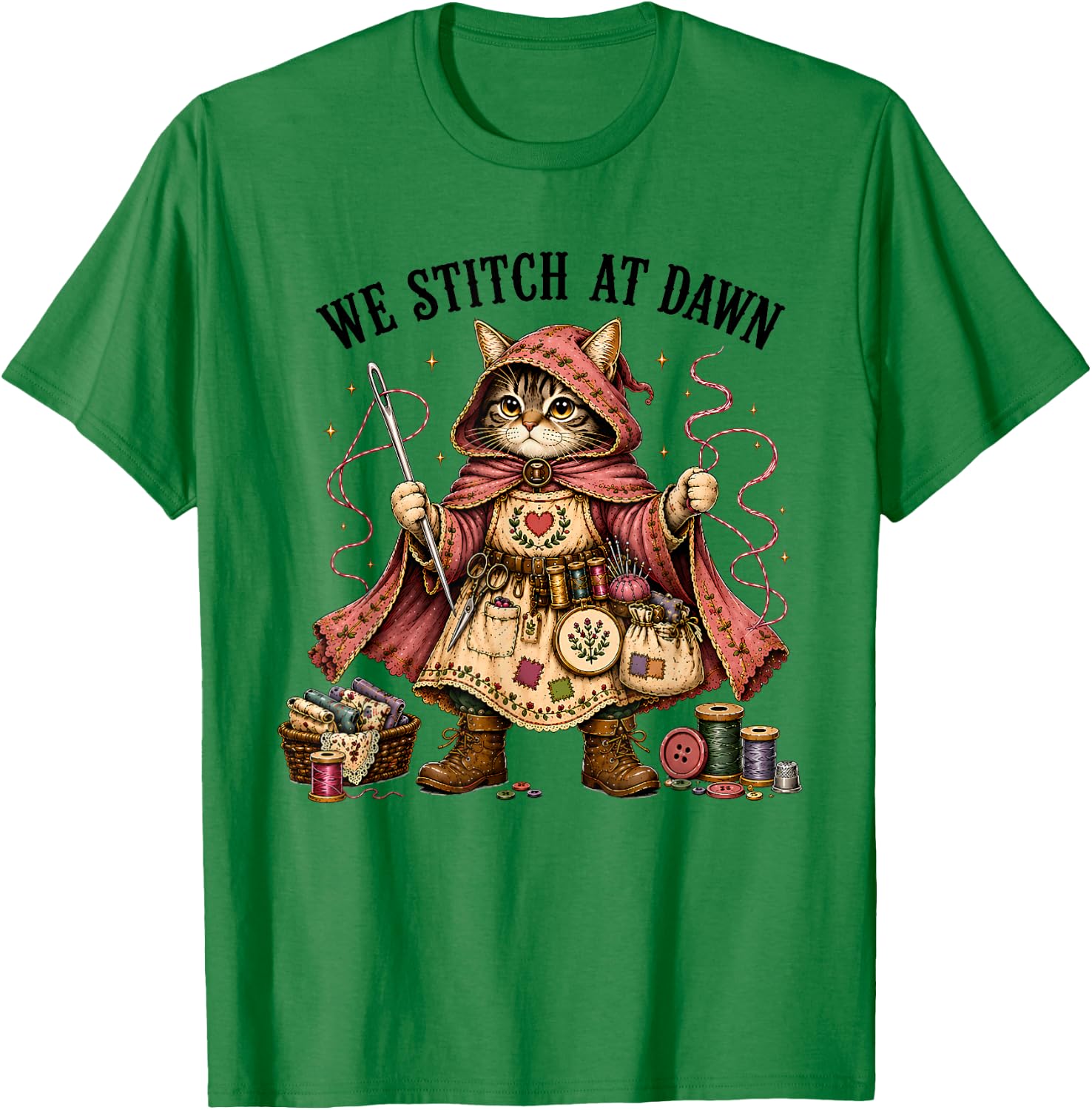 We Stitch At Dawn Funny Sewing Quilting Cat T-Shirt - T-Shirt | Irish Green