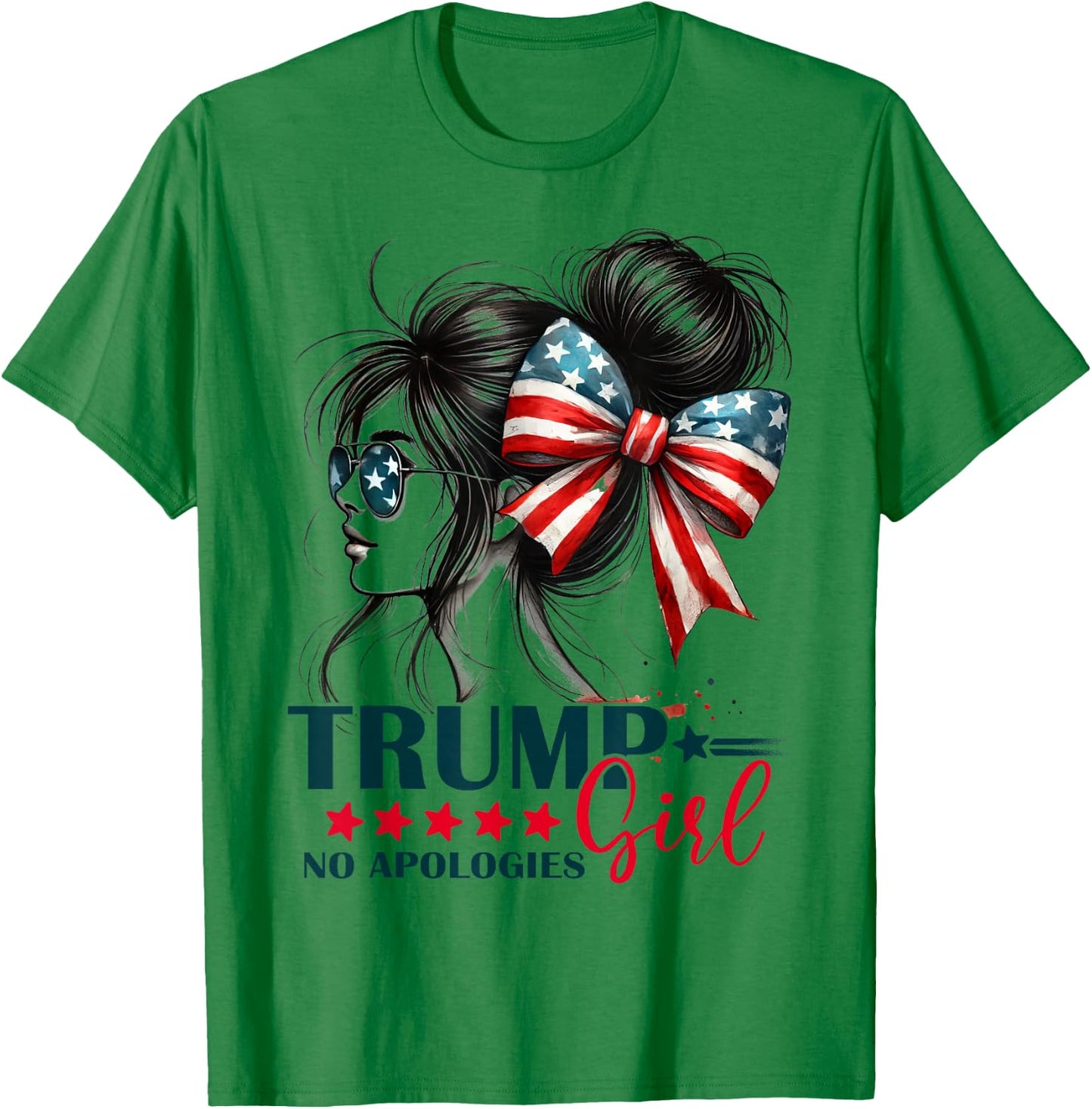Trump Girl Messy Bun No Apologies USA Flag Trump 2024 T-Shirt - T-Shirt | Irish Green