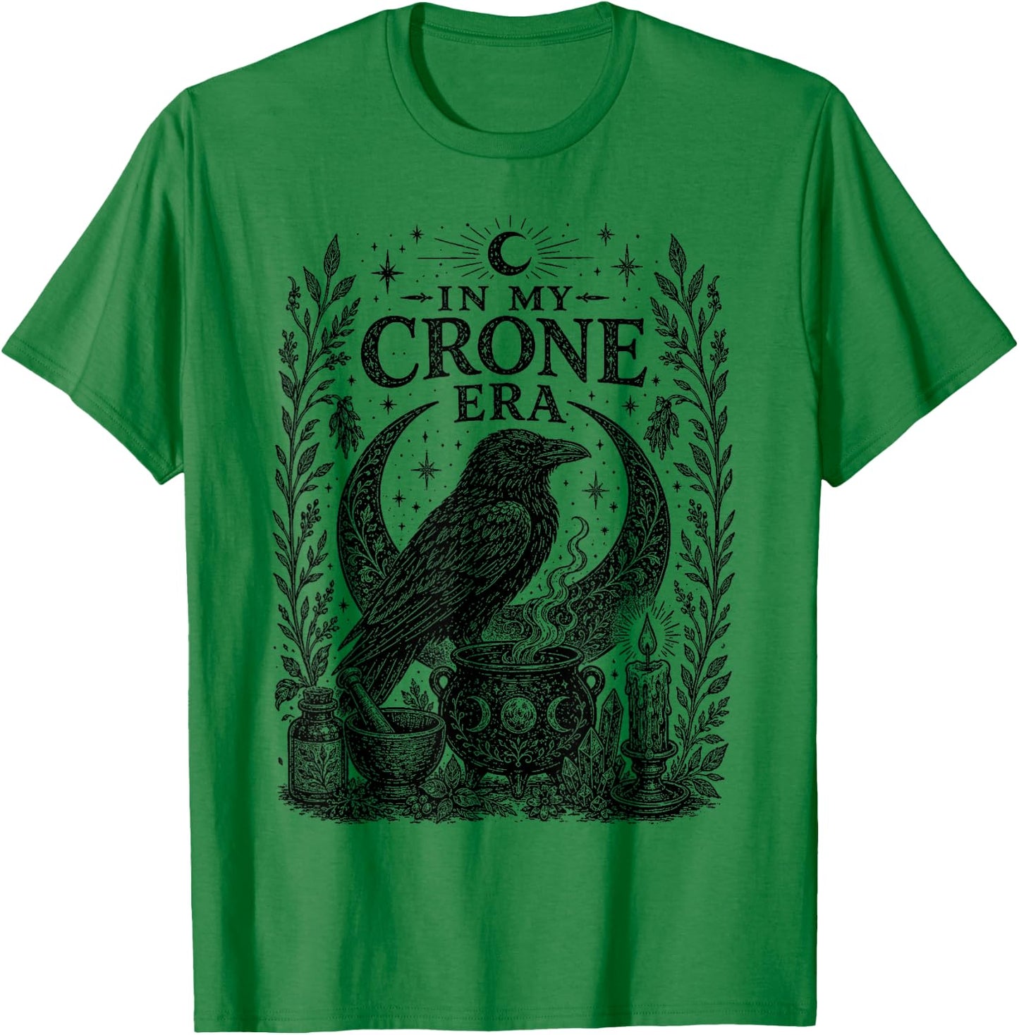 in My Crone Era Gothic Raven Cauldron Funny Crow T-Shirt - T-Shirt | Irish Green