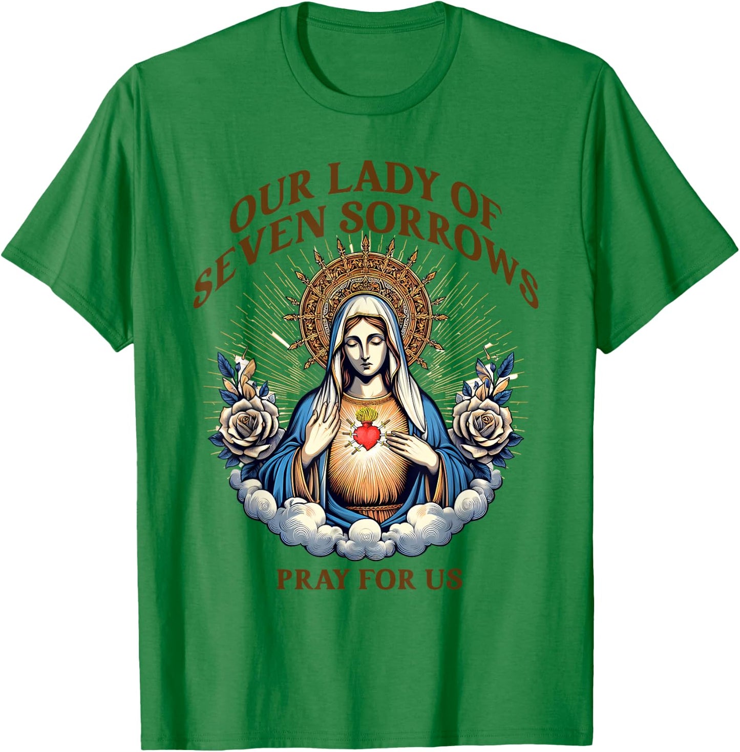 Blessed Virgin Mary Catholic Faith Our Lady Of Seven Sorrows T-Shirt - T-Shirt | Irish Green