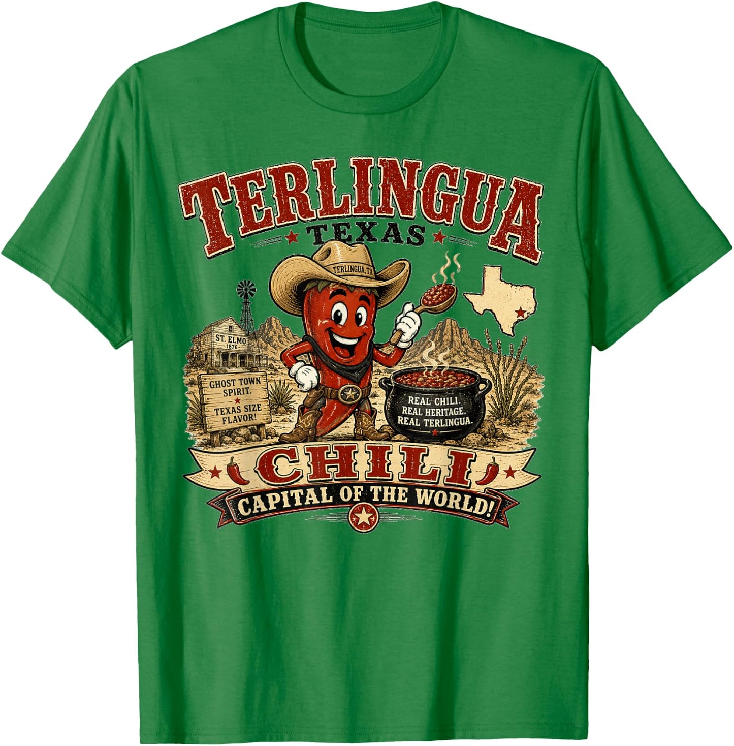 Terlingua Texas Chili Capital - Vintage Chili Pepper Mascot T-Shirt - T-Shirt | Irish Green