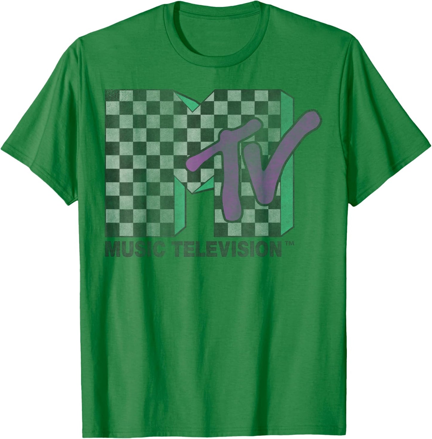 MTV Checkered Distressed Retro Logo Short Sleeve T-Shirt - T-Shirt | Irish Green